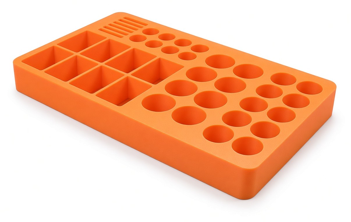 Orange 3D-printed battery holder, pockets for each size