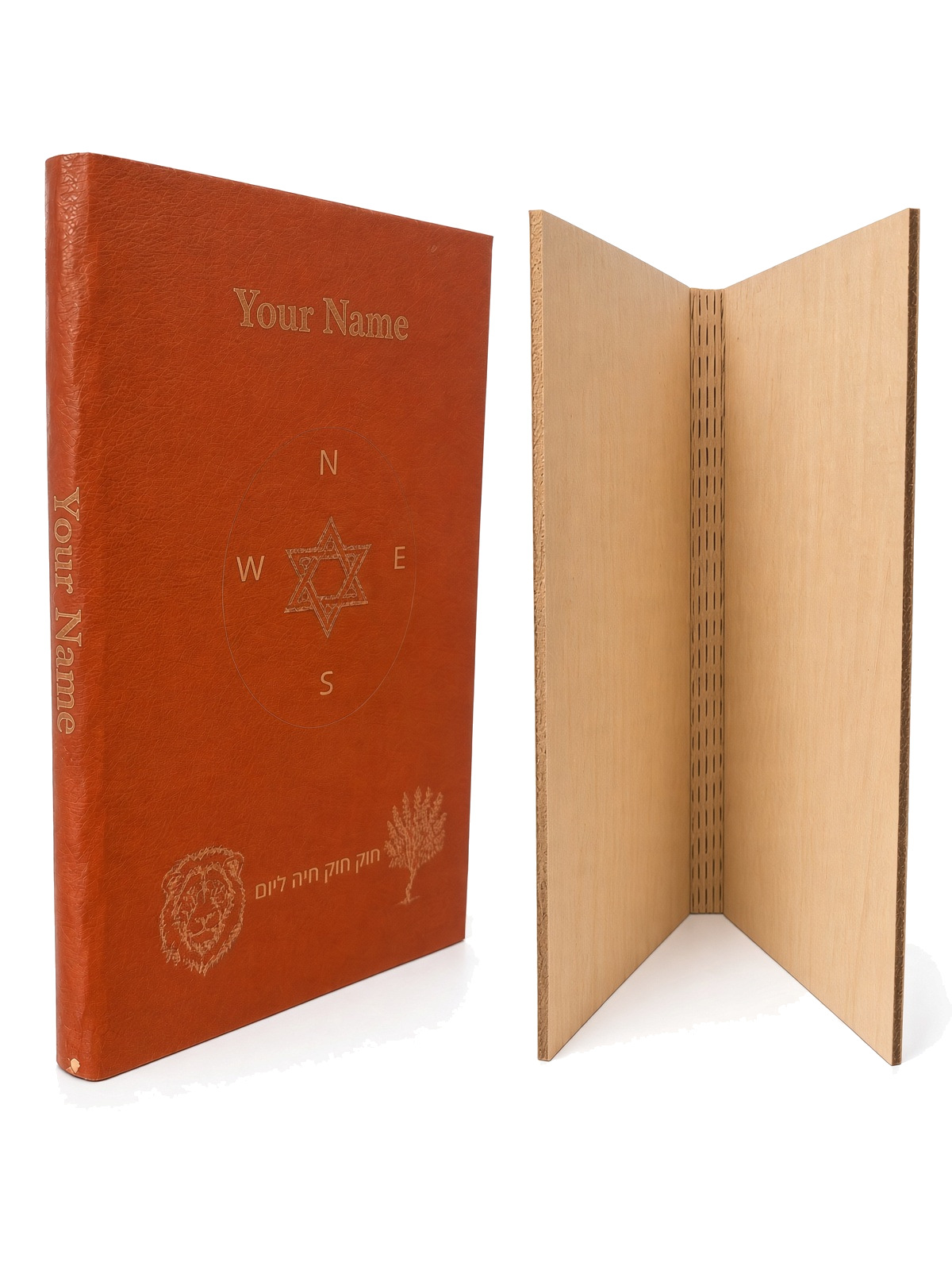 Imitation leather book cover with a laser-etched design, beside the basswood living hinge