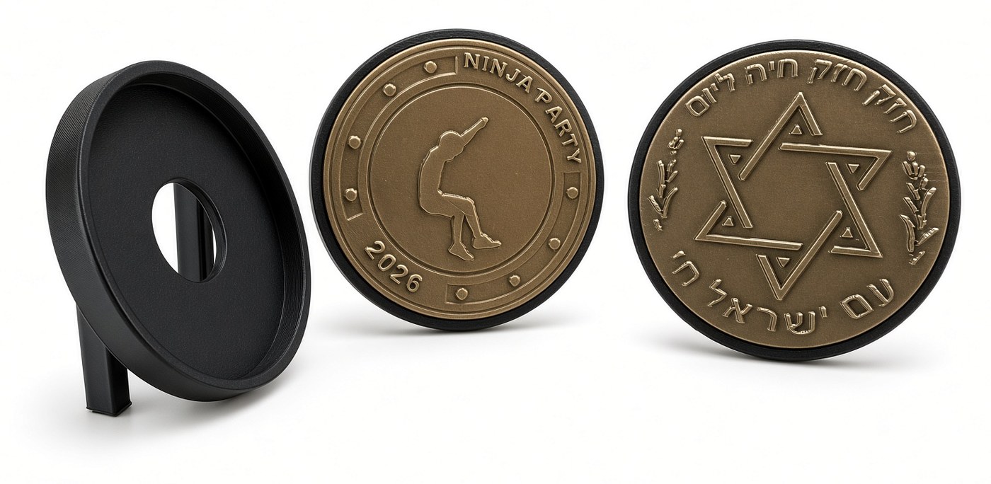 Challenge coin shown on both sides, with a matching display stand