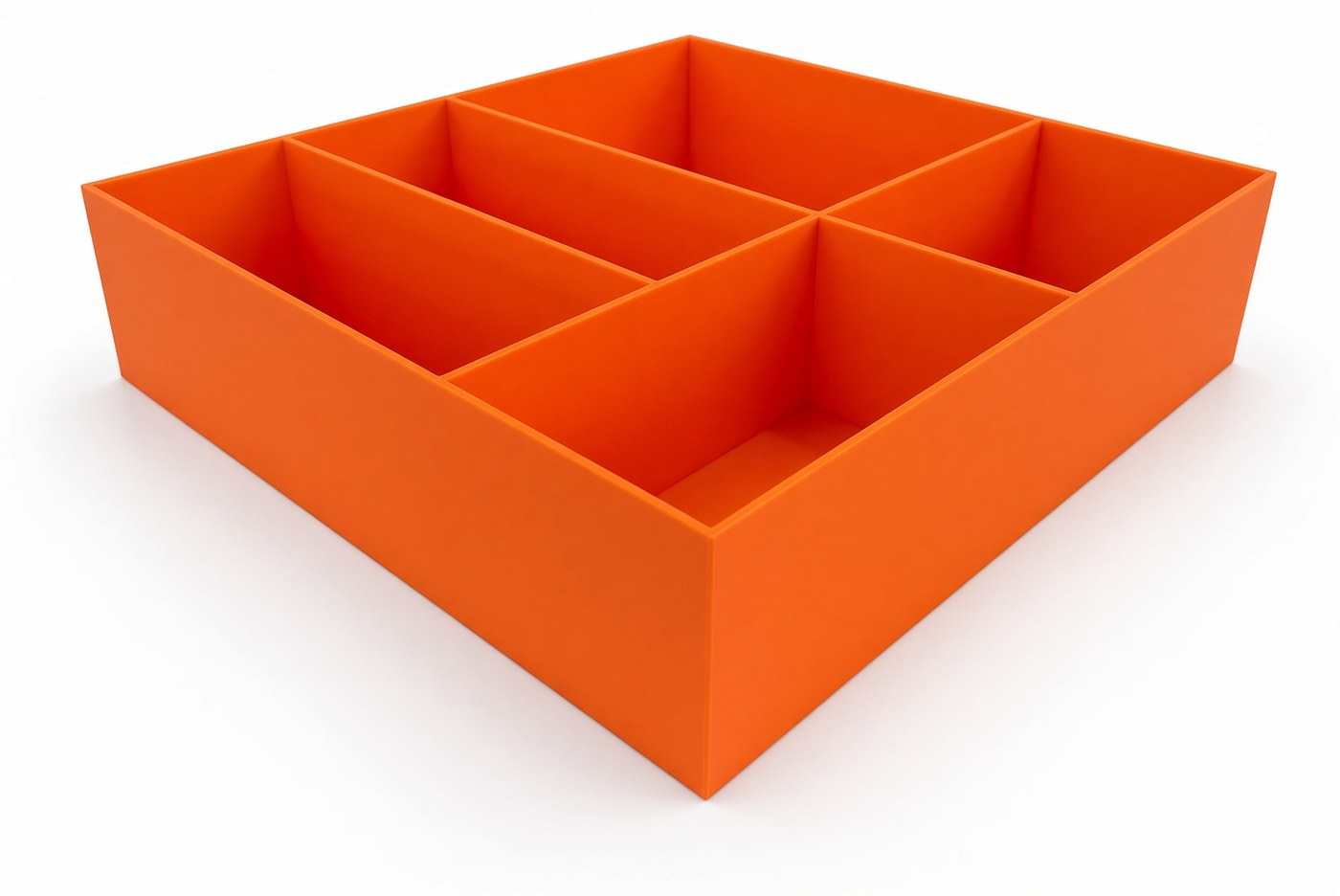 Orange 3D-printed drawer organizer with six compartments