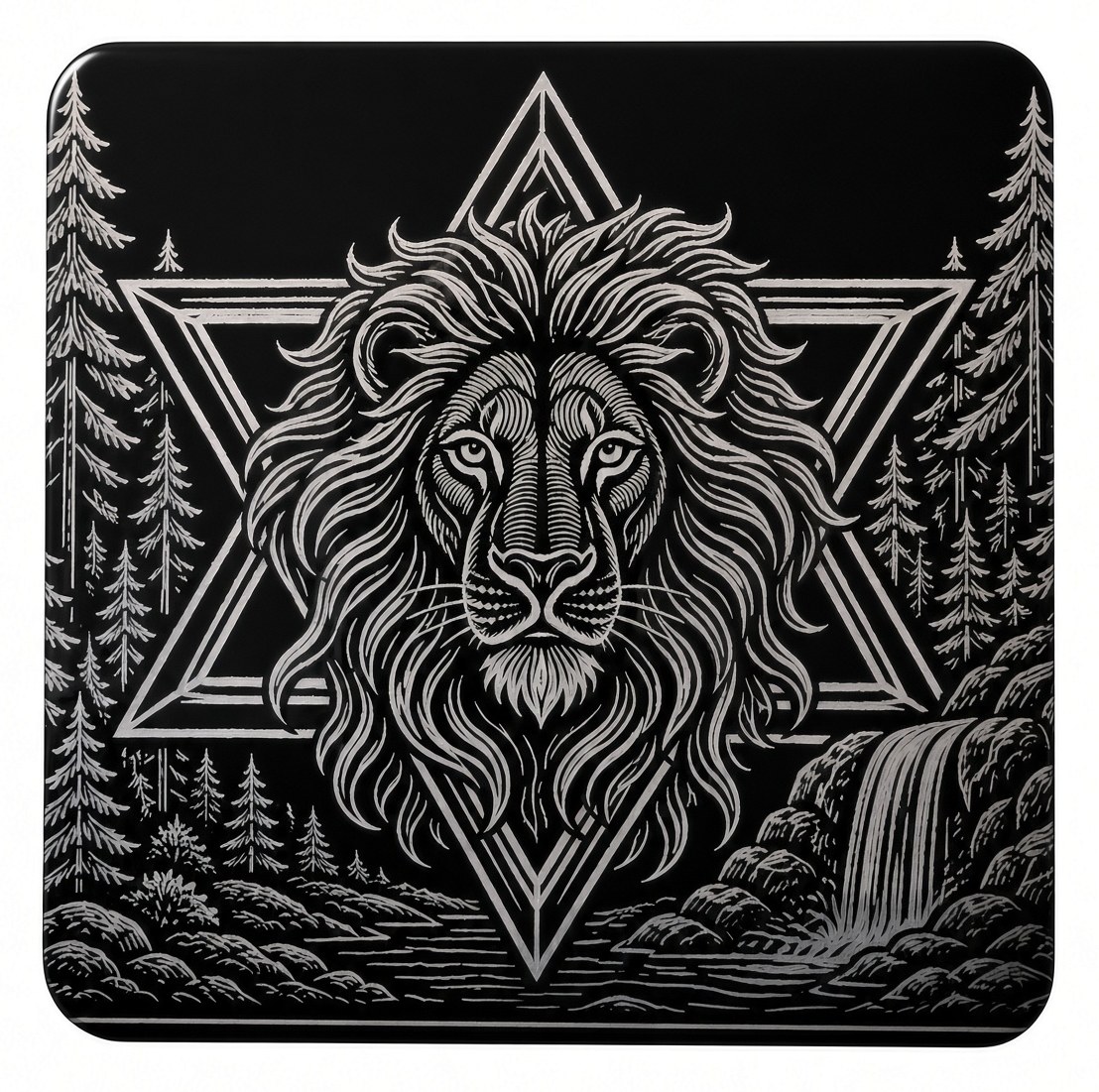 Black acrylic plaque engraved with a lion, Star of David, pines, and a waterfall