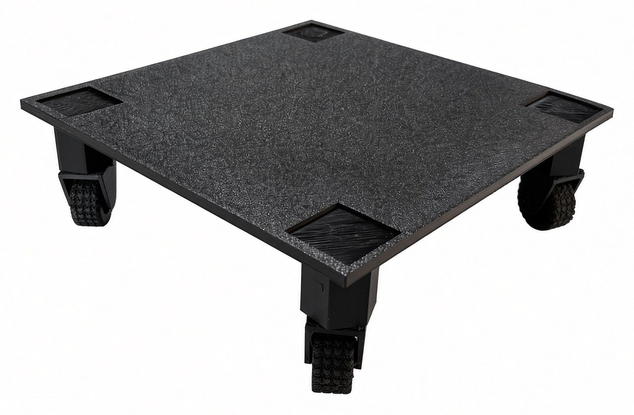 Black 3D-printed square cart on four caster wheels